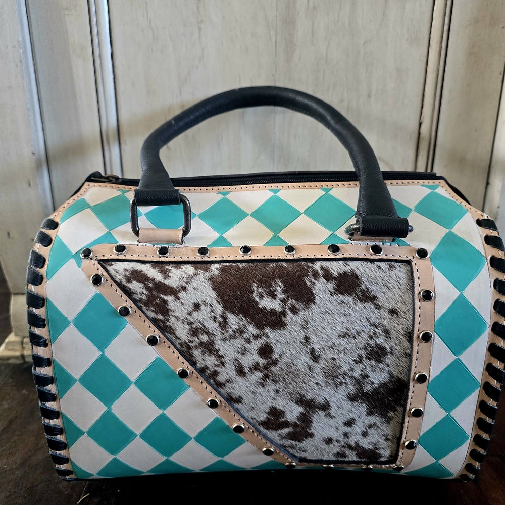 Turquoise Checkered Leather Satchel with Cowhide Panel